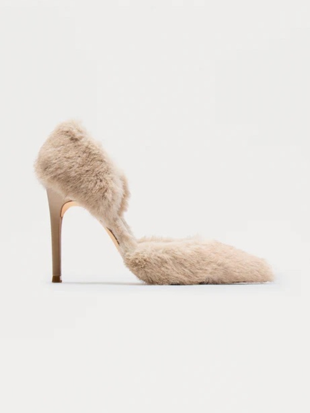 Faux Fur Pointed Toe High Heel Pump in Beige
